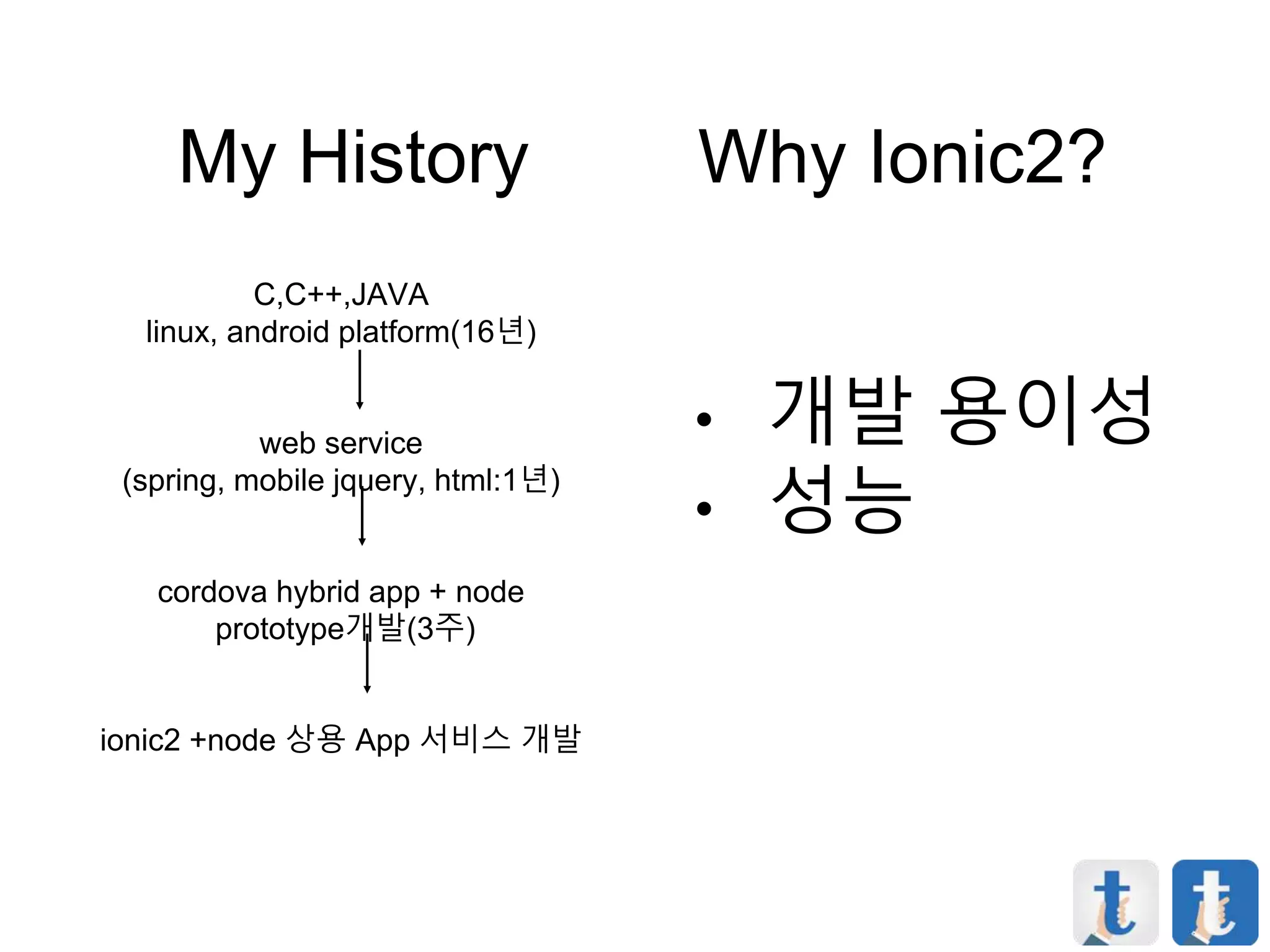 My History
C,C++,JAVA
linux, android platform(16년)
web service
(spring, mobile jquery, html:1년)
cordova hybrid app + node
prototype개발(3주)
ionic2 +node 상용 App 서비스 개발
• 개발 용이성
• 성능
Why Ionic2?
 