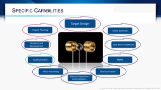 P1-1014-CS ELI-NP Target Fabrication Laboratory. Wednesday 29th October 2014. ELI-NP
Micro-assembly
SPECIFIC CAPABILITIES
Low-density materials
MEMS
Characterisation
Research and
Development
Project Planning
Material Deposition –
PVD/CVD/ALD …
Quality Control
Micro-machining
Target Design
 