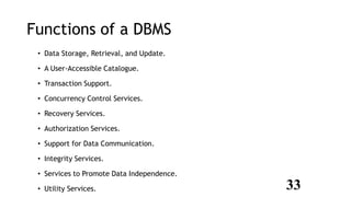 Functions of a DBMS
• Data Storage, Retrieval, and Update.
• A User-Accessible Catalogue.
• Transaction Support.
• Concurrency Control Services.
• Recovery Services.
• Authorization Services.
• Support for Data Communication.
• Integrity Services.
• Services to Promote Data Independence.
• Utility Services. 33
 