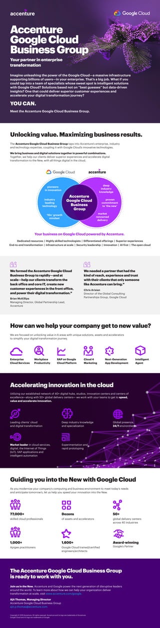 Unlocking value. Maximizing business results.
How can we help your company get to new value?
Accelerating innovation in the cloud
Guiding you into the New with Google Cloud
The Accenture Google Cloud Business Group taps into Accenture’s enterprise, industry
and technology expertise, coupling it with Google Cloud’s innovative technologies.
We bring business and digital solutions together in powerful combinations.
Together, we help our clients deliver superior experiences and accelerate digital
transformation to the New, with all things digital in the cloud.
We are focused on unlocking value in 6 areas with unique solutions, assets and accelerators
to simplify your digital transformation journey.
Utilizing our established network of 40+ digital hubs, studios, innovation centers and centers of
excellence—along with 50+ global delivery centers— we work with your teams to get to speed,
value and accelerate innovation.
As you modernize your company’s computing and business environment to meet today’s needs
and anticipate tomorrow’s, let us help you speed your innovation into the New.
The Accenture Google Cloud Business Group
is ready to work with you.
Join us in the New. Accenture and Google power the next generation of disruptive leaders
around the world. To learn more about how we can help your organization deliver
transformation at scale, visit www.accenture.com/google.
Ajit Thomas, Managing Director
Accenture Google Cloud Business Group
ajit.p.thomas@accenture.com
Copyright © 2019 Accenture. All rights reserved. Accenture and its logo are trademarks of Accenture.
Google Cloud and it's logo are trademarks of Google.
Enterprise
Cloud Services
Workplace
Productivity
SAP on Google
Cloud Platform
Cloud 4
Marketing
Next-Generation
App Development
Intelligent
Agent
Your partner in enterprise
transformation
Accenture
GoogleCloud
BusinessGroup
Leading clients’ cloud
and digital transformation
Deep industry knowledge
and specialization
Global presence,
24/7 environments
Experimentation and
rapid prototyping
Market leader in cloud services,
digital, the Internet of Things
(IoT), SAP applications and
intelligent automation
Award-winning
Google’s Partner
77,000+
skilled cloud professionals
Dozens
of assets and accelerators
50+
global delivery centers
across 40 industries
1,000+
Apigee practitioners
1,600+
Google Cloud trained/certified
engineers/architects
We formed the Accenture Google Cloud
Business Group to rapidly—and at
scale—help our clients transform the
back office and core IT, create new
customer experiences in the front office,
and power their digital transformation.”
Brian McKillips
Managing Director, Global Partnership Lead,
Accenture
We needed a partner that had the
kind of reach, experience and trust
with their clients that only someone
like Accenture can bring.”
Chris Arisian
Director of the Global Consulting
Partnerships Group, Google Cloud
Imagine unleashing the power of the Google Cloud—a massive infrastructure
supporting billions of users—in your enterprise. That’s a big job. What if you
could tap into a team of specialists whose sweet spot is intelligent solutions
with Google Cloud? Solutions based not on “best guesses” but data-driven
insights? One that could deliver superior customer experiences and
accelerate your digital transformation journey?
YOU CAN.
Meet the Accenture Google Cloud Business Group.
Your business on Google Cloud powered by Accenture.
Accenture
Google Cloud
Business
Group
pioneers
in innovation
‘10x’ growth
mindset
industry
leading
technology
deep
industry
knowledge
market
renowned
delivery
proven
commitment
to ‘the new’
Dedicated resources | Highly skilled technologists | Differentiated offerings | Superior experiences
End-to-end transformation | Infrastructure at scale | Security leadership | Innovation | AI first | The open cloud
 