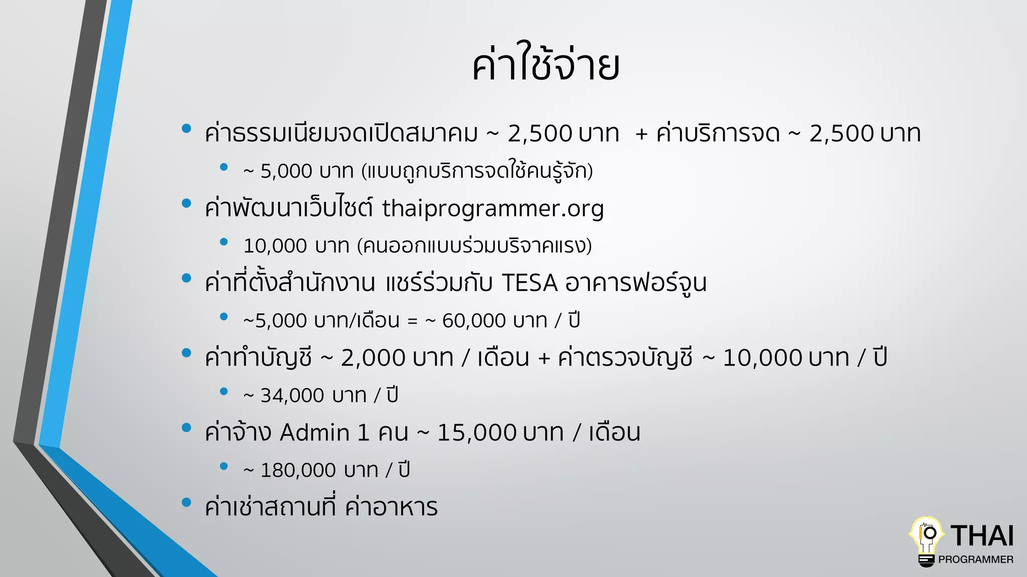 ค่าใช้จ่าย
• ค่าธรรมเนียมจดเปิดสมาคม ~ 2,500 บาท + ค่าบริการจด ~ 2,500 บาท
• ~ 5,000 บาท (แบบถูกบริการจดใช้คนรู้จัก)
• ค่าพัฒนาเว็บไซต์ thaiprogrammer.org
• 10,000 บาท (คนออกแบบร่วมบริจาคแรง)
• ค่าที่ตั้งสํานักงาน แชร์ร่วมกับ TESA อาคารฟอร์จูน
• ~5,000 บาท/เดือน = ~ 60,000 บาท / ปี
• ค่าทําบัญชี ~ 2,000 บาท / เดือน + ค่าตรวจบัญชี ~ 10,000 บาท / ปี
• ~ 34,000 บาท / ปี
• ค่าจ้าง Admin 1 คน ~ 15,000 บาท / เดือน
• ~ 180,000 บาท / ปี
• ค่าเช่าสถานที่ ค่าอาหาร
 