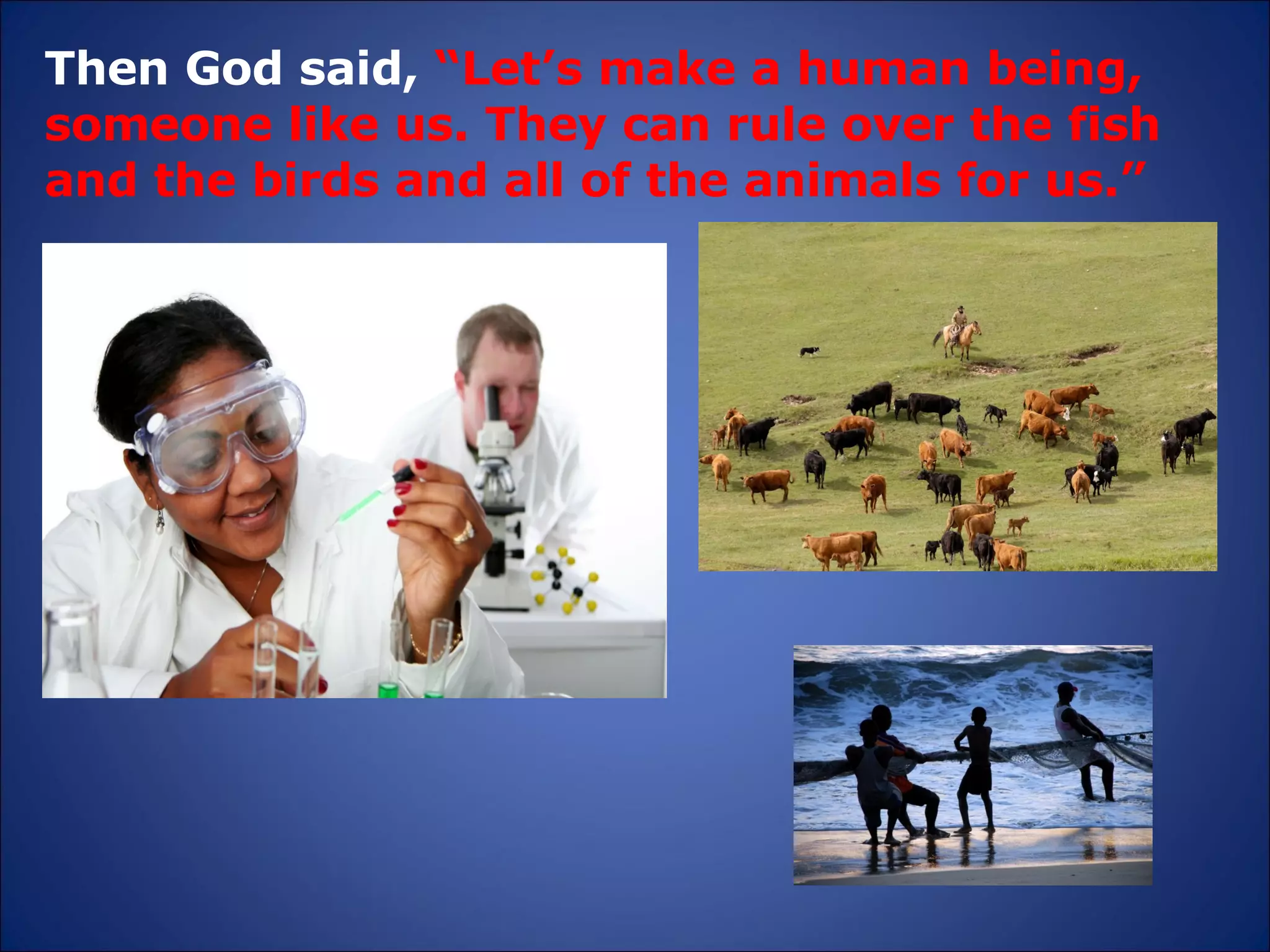 Then God said,  “Let’s make a human being, someone like us. They can rule over the fish and the birds and all of the animals for us.” 