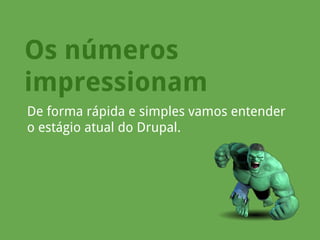 Os números
impressionam
De forma rápida e simples vamos entender
o estágio atual do Drupal.

 