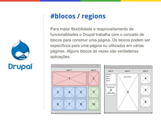 #blocos / regions
Para maior flexibilidade e reaproveitamento de
funcionalidades o Drupal trabalha com o conceito de
blocos para construir uma página. Os blocos podem ser
específicos para uma página ou utilizados em várias
páginas. Alguns blocos às vezes são verdadeiras
aplicações.

 