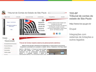 TCE-SP
Tribunal de contas do
estado de São Paulo
http://www.tce.sp.gov.br

Drupal
Integrações com
sistemas de licitações e
outros legados

 