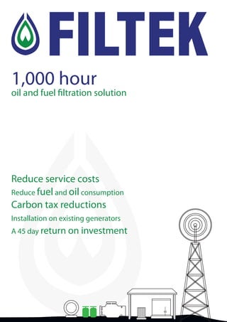 1,000 hour
oil and fuel filtration solution
Reduce service costs
Reduce fuel and oil consumption
Carbon tax reductions
Installation on existing generators
A 45 day return on investment
 