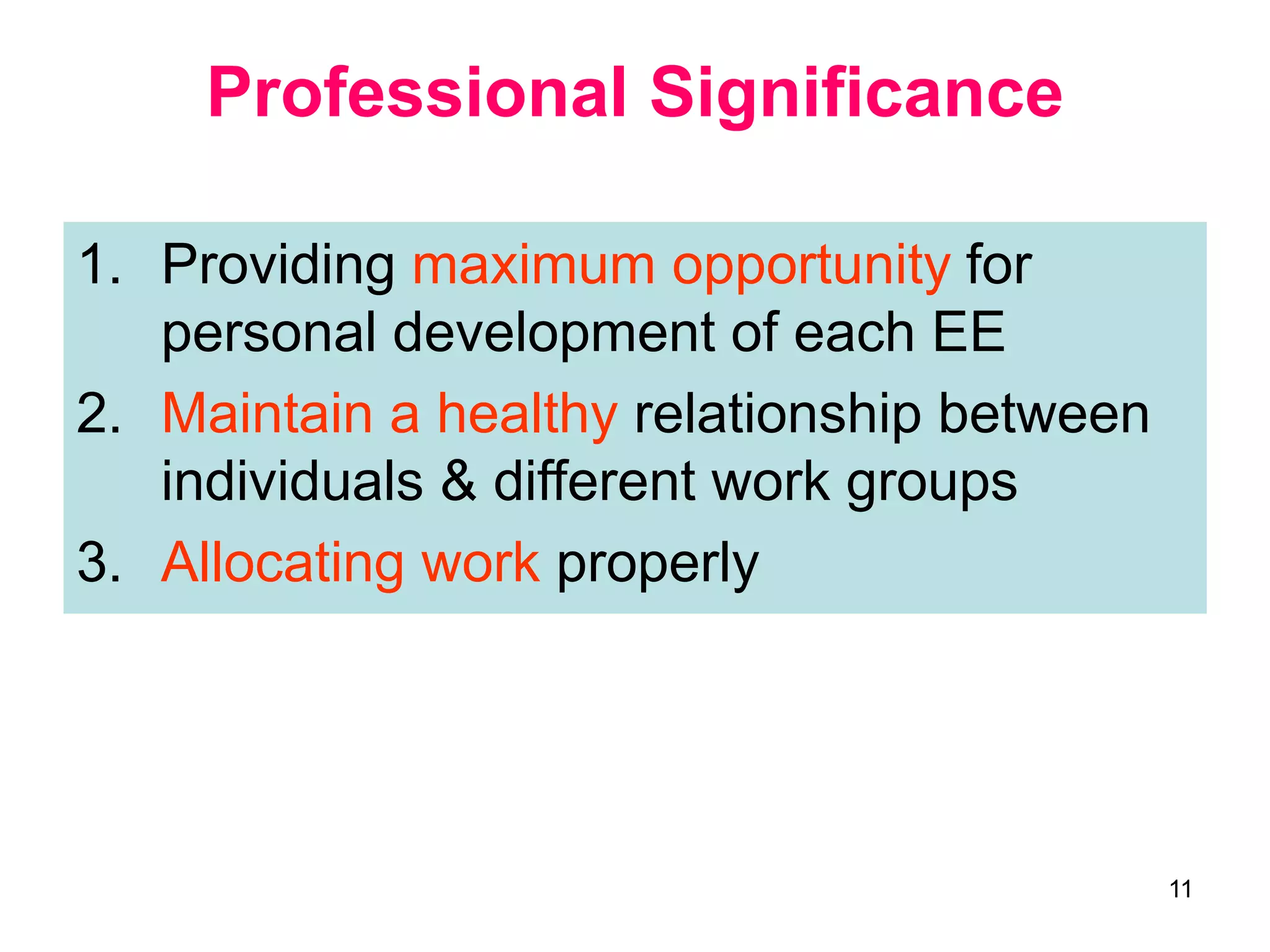 11
Professional Significance
1. Providing maximum opportunity for
personal development of each EE
2. Maintain a healthy relationship between
individuals & different work groups
3. Allocating work properly
 