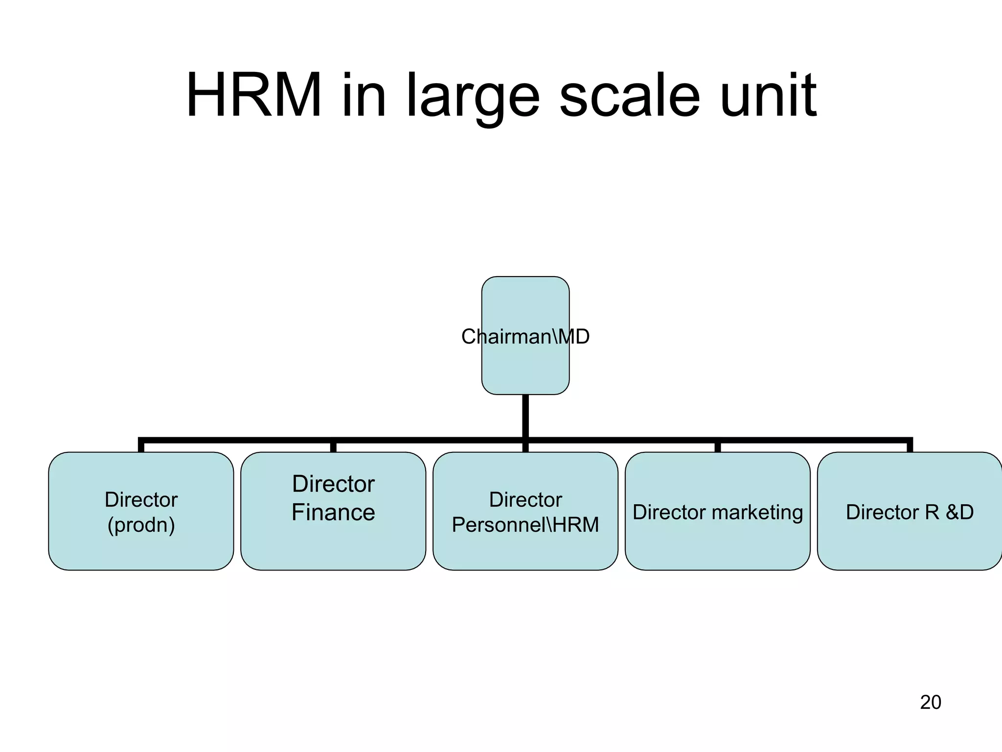 20
HRM in large scale unit
ChairmanMD
Director
(prodn)
Director
Finance
Director
PersonnelHRM
Director marketing Director R &D
 