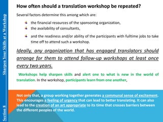 Section 8 Sharpen Your Skills at aWorkshop 
How often should a translation workshop be repeated? 
Several factors determine this among which are: 
the financial resources of the sponsoring organization, 
the availability of consultants, 
and the readiness and/or ability of the participants with fulltime jobs to take 
time off to attend such a workshop. 
Ideally, any organization that has engaged translators should 
arrange for them to attend follow-up workshops at least once 
every two years. 
Workshops help sharpen skills and alert one to what is new in the world of 
translation. In the workshop, participants learn from one another, 
Not only that, a group working together generates a communal sense of excitement. 
This encourages a feeling of urgency that can lead to better translating. It can also 
lead to the creation of an art appropriate to its time that crosses barriers between 
the different peoples of the world. 
 