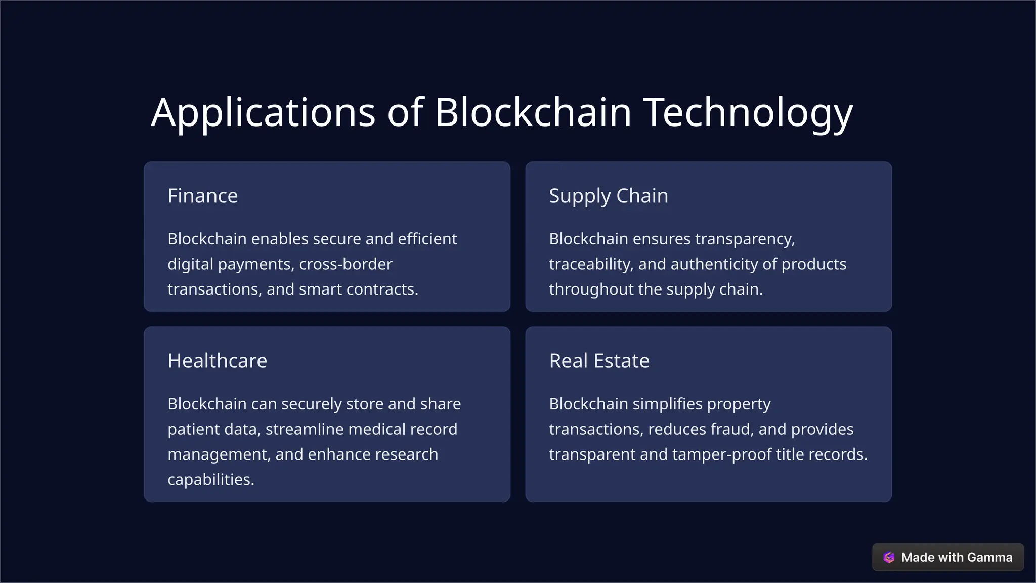 Applications of Blockchain Technology
Finance
Blockchain enables secure and efficient
digital payments, cross-border
transactions, and smart contracts.
Supply Chain
Blockchain ensures transparency,
traceability, and authenticity of products
throughout the supply chain.
Healthcare
Blockchain can securely store and share
patient data, streamline medical record
management, and enhance research
capabilities.
Real Estate
Blockchain simplifies property
transactions, reduces fraud, and provides
transparent and tamper-proof title records.
 