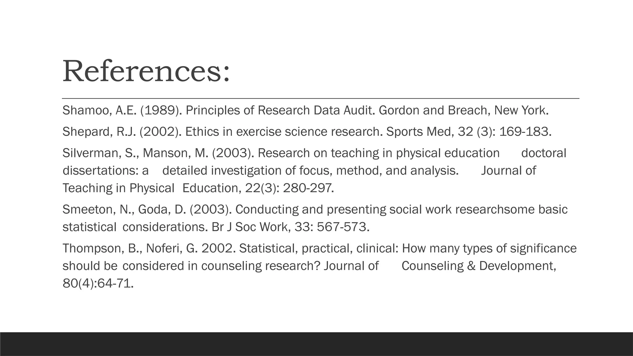 References:
Shamoo, A.E. (1989). Principles of Research Data Audit. Gordon and Breach, New York.
Shepard, R.J. (2002). Ethics in exercise science research. Sports Med, 32 (3): 169-183.
Silverman, S., Manson, M. (2003). Research on teaching in physical education doctoral
dissertations: a detailed investigation of focus, method, and analysis. Journal of
Teaching in Physical Education, 22(3): 280-297.
Smeeton, N., Goda, D. (2003). Conducting and presenting social work researchsome basic
statistical considerations. Br J Soc Work, 33: 567-573.
Thompson, B., Noferi, G. 2002. Statistical, practical, clinical: How many types of significance
should be considered in counseling research? Journal of Counseling & Development,
80(4):64-71.
 