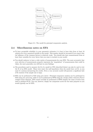 Component 1




Component 2




Measure 1
Measure 2
Measure 3
Measure 4
Measure 5 


b
E



~
t
t
t
t
t
t
t”
e
e
e
e
e
e
e
e
e
e…



~
E



b






0
¡
¡
¡
¡
¡
¡
¡
¡
¡
¡!
Figure 2.1: The model for principal components analysis.
2.4 Miscellaneous notes on EFA
• To have acceptable reliability in your parameter estimates it is best to have data from at least 10
subjects for every measured variable in the model. This number should be increased if you expect that
the inﬂuence of the common factors is relatively weak. You should also have measurements from at
least three variables for every factor that you want to include in your model.
• You should endeavor to have a wide variety of measurements for your EFA. The more accurately that
your selection of measurements properly represents the “population” of measurements that could be
taken, the more generality you will have in your ﬁndings.
• The procedures used to measure the ﬁt of a model in CFA (described below) can also be used to test
the ﬁt of an EFA model. These tests reject the null hypothesis when the model does not ﬁt, so you
must be cautious interpreting the results. Even a very accurate model will generate a signiﬁcant lack
of ﬁt statistic if the sample size is large.
• EFA can be performed in SAS using proc factor. Principal component analysis can be performed in
SAS using proc princomp, while it can be performed in SPSS using the Analyze/Data reduction/Factor
analysis menu selection. EFA cannot actually be performed in SPSS (despite the name of menu item
used to perform PCA). You can, however, simply use component scores for the same purposes as you
would typically use for EFA.
4
 