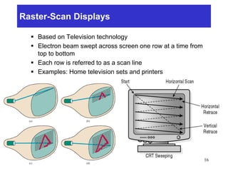 Raster-Scan Displays
 Based on Television technology
 Electron beam swept across screen one row at a time from
top to bottom
 Each row is referred to as a scan line
 Examples: Home television sets and printers
16
 