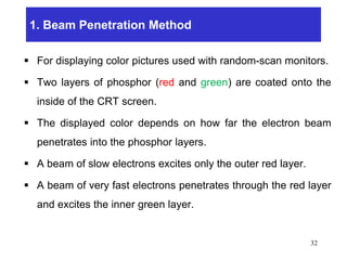 1. Beam Penetration Method
 For displaying color pictures used with random-scan monitors.
 Two layers of phosphor (red and green) are coated onto the
inside of the CRT screen.
 The displayed color depends on how far the electron beam
penetrates into the phosphor layers.
 A beam of slow electrons excites only the outer red layer.
 A beam of very fast electrons penetrates through the red layer
and excites the inner green layer.
32
 