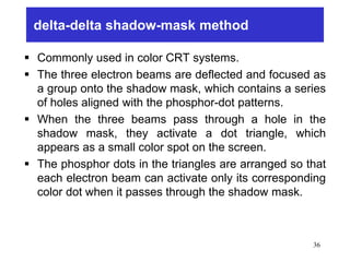 delta-delta shadow-mask method
 Commonly used in color CRT systems.
 The three electron beams are deflected and focused as
a group onto the shadow mask, which contains a series
of holes aligned with the phosphor-dot patterns.
 When the three beams pass through a hole in the
shadow mask, they activate a dot triangle, which
appears as a small color spot on the screen.
 The phosphor dots in the triangles are arranged so that
each electron beam can activate only its corresponding
color dot when it passes through the shadow mask.
36
 