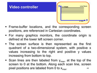Video controller
 Frame-buffer locations, and the corresponding screen
positions, are referenced in Cartesian coordinates.
 For many graphics monitors, the coordinate origin is
defined at the lower left screen corner.
 The screen surface is then represented as the first
quadrant of a two-dimensional system, with positive x
values increasing to the right and positive y values
increasing from bottom to top.
 Scan lines are then labeled from ymax, at the top of the
screen to 0 at the bottom. Along each scan line, screen
pixel positions are labeled from 0 to xmax. 60
 
