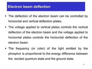 Electron beam deflection
 The deflection of the electron beam can be controlled by
horizontal and vertical deflection plates.
 The voltage applied to vertical plates controls the vertical
deflection of the electron beam and the voltage applied to
horizontal plates controls the horizontal deflection of the
electron beam.
 The frequency (or color) of the light emitted by the
phosphor is proportional to the energy difference between
the excited quantum state and the ground state.
8
 