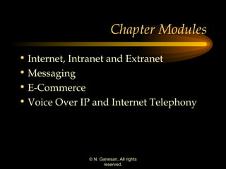 Chapter Modules Internet, Intranet and Extranet Messaging E-Commerce Voice Over IP and Internet Telephony  