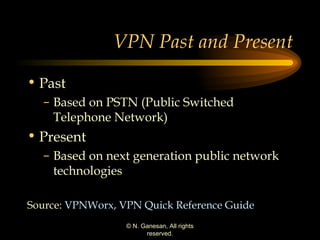 VPN Past and Present Past Based on PSTN (Public Switched Telephone Network) Present Based on next generation public network technologies  Source:  VPNWorx , VPN Quick Reference Guide 