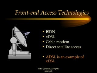 Front-end Access Technologies ISDN xDSL  Cable modem Direct satellite access ADSL is an example of xDSL 