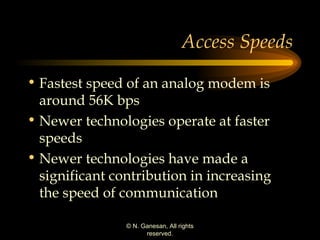 Access Speeds Fastest speed of an analog modem is around 56K bps Newer technologies operate at faster speeds Newer technologies have made a significant contribution in increasing the speed of communication 