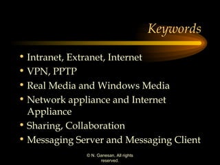 Keywords Intranet, Extranet, Internet VPN, PPTP Real Media and Windows Media Network appliance and Internet Appliance Sharing, Collaboration  Messaging Server and Messaging Client 