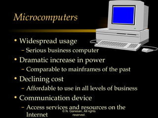 Microcomputers Widespread usage Serious business computer Dramatic increase in power Comparable to mainframes of the past Declining cost Affordable to use in all levels of business Communication device Access services and resources on the Internet 