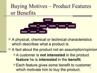 Buying Motives – Product Features or Benefits A physical, chemical or technical characteristics which describes what a product is. A fact about the product not an assumption/opinion. A customer is  not interested  in the product  feature  he is  interested  in the  benefit . Each feature gives some benefit to customer which motivate him to buy the product. 