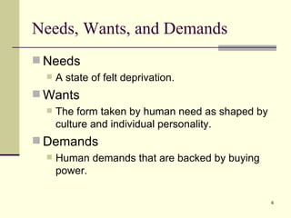 Needs, Wants, and Demands Needs A state of felt deprivation. Wants The form taken by human need as shaped by culture and individual personality. Demands Human demands that are backed by buying power. 