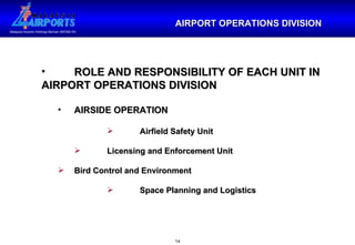 AIRPORT OPERATIONS DIVISION ROLE AND RESPONSIBILITY OF EACH UNIT IN  AIRPORT OPERATIONS DIVISION AIRSIDE OPERATION Airfield Safety Unit Licensing and Enforcement Unit Bird Control and Environment Space Planning and Logistics 