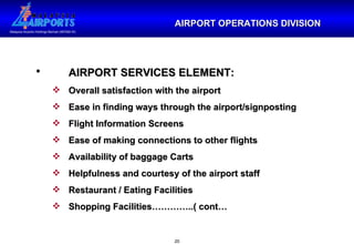 AIRPORT OPERATIONS DIVISION AIRPORT SERVICES ELEMENT: Overall satisfaction with the airport Ease in finding ways through the airport/signposting Flight Information Screens Ease of making connections to other flights Availability of baggage Carts Helpfulness and courtesy of the airport staff Restaurant / Eating Facilities Shopping Facilities…………..( cont… 