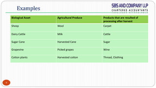 9
Biological Asset Agricultural Produce Products that are resulted of
processing after harvest
Sheep Wool Carpet
Dairy Cattle Milk Cattle
Sugar Cane Harvested Cane Sugar
Grapevine Picked grapes Wine
Cotton plants Harvested cotton Thread, Clothing
Examples
 