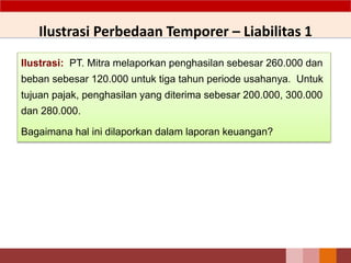 Ilustrasi: PT. Mitra melaporkan penghasilan sebesar 260.000 dan
beban sebesar 120.000 untuk tiga tahun periode usahanya. Untuk
tujuan pajak, penghasilan yang diterima sebesar 200.000, 300.000
dan 280.000.
Bagaimana hal ini dilaporkan dalam laporan keuangan?
Ilustrasi Perbedaan Temporer – Liabilitas 1
 