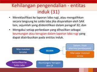 Kehilangan pengendalian - entitas
induk (31)
• Mereklasifikasi ke laporan laba rugi, atau mengalihkan
secara langsung ke saldo laba jika disyaratkan oleh SAK
lain, sejumlah yang diidentifikasi dalam paragraf 32; dan
• Mengakui setiap perbedaan yang dihasilkan sebagai
keuntungan atau kerugian dalam laporan laba rugi yang
dapat diatribusikan pada entitas induk.
Keuntungan/ Kerugian
dlm LR
Nilai wajar investasi
tersisa
Saham / Aset
diterima (pembayaran)Nilai investasi
tercatat
SELISIH
Reklasifikasi ke
Saldo Laba
 