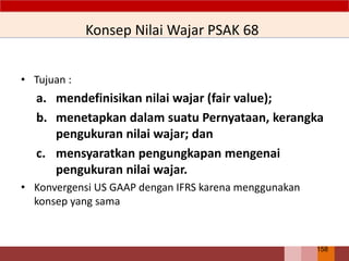 Konsep Nilai Wajar PSAK 68
• Tujuan :
a. mendefinisikan nilai wajar (fair value);
b. menetapkan dalam suatu Pernyataan, kerangka
pengukuran nilai wajar; dan
c. mensyaratkan pengungkapan mengenai
pengukuran nilai wajar.
• Konvergensi US GAAP dengan IFRS karena menggunakan
konsep yang sama
158
 
