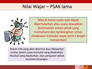Nilai Wajar – PSAK lama
Nilai di mana suatu aset dapat
dipertukarkan atau suatu kewajiban
diselesaikan antara pihak yang
memahami dan berkeinginan untuk
melakukan transaksi wajar (arm’s length
transaction)
Bukan nilai yang akan diterima atau dibayarkan
entitas dalam suatu transaksi yang dipaksakan,
likuidasi yang dipaksakan, atau penjualan akibat
kesulitan keuangan.
159
 