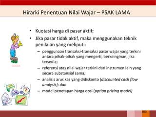 Hirarki Penentuan Nilai Wajar – PSAK LAMA
• Kuotasi harga di pasar aktif;
• Jika pasar tidak aktif, maka menggunakan teknik
penilaian yang meliputi:
– penggunaan transaksi-transaksi pasar wajar yang terkini
antara pihak-pihak yang mengerti, berkeinginan, jika
tersedia;
– referensi atas nilai wajar terkini dari instrumen lain yang
secara substansial sama;
– analisis arus kas yang didiskonto (discounted cash flow
analysis); dan
– model penetapan harga opsi (option pricing model)
160
 