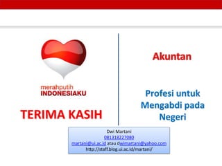 TERIMA KASIH
Profesi untuk
Mengabdi pada
Negeri
Dwi Martani
081318227080
martani@ui.ac.id atau dwimartani@yahoo.com
http://staff.blog.ui.ac.id/martani/
 