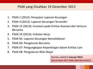 PSAK yang Disahkan 19 Desember 2013
1. PSAK 1 (2013): Penyajian Laporan Keuangan
2. PSAK 4 (2013): Laporan Keuangan Tersendiri
3. PSAK 15 (2013): Investasi pada Entitas Asosiasi dan Ventura
Bersama
4. PSAK 24 (2013): Imbalan Kerja
5. PSAK 65: Laporan Keuangan Konsolidasian
6. PSAK 66: Pengaturan Bersama
7. PSAK 67: Pengungkapan Kepentingan dalam Entitas Lain
8. PSAK 68: Pengukuran Nilai Wajar
22
Berlaku efektif 1 Januari 2014
(penerapan dini tidak diperkenankan)
 