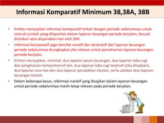 Informasi Komparatif Minimum 38,38A, 38B
• Entitas menyajikan informasi komparatif terkait dengan periode sebelumnya untuk
seluruh jumlah yang dilaporkan dalam laporan keuangan periode berjalan, kecuali
diizinkan atau disyaratkan lain oleh SAK.
• Informasi komparatif yagn bersifat naratif dan deskriptif dari laporan keuangan
periode sebelumnya diungkapkan jika relevan untuk pemahaman laporan keuangan
periode berjalan.
• Entitas menyajikan, minimal, dua laporan posisi keuangan, dua laporan laba rugi
dan penghasilan komprehensif lain, dua laporan laba rugi terpisah (jika disajikan),
dua laporan arus kas dan dua laporan perubahan ekuitas, serta catatan atas laporan
keuangan terkait.
• Dalam beberapa kasus, informasi naratif yang disajikan dalam laporan keuangan
untuk periode sebelumnya masih tetap relevan pada periode berjalan.
 