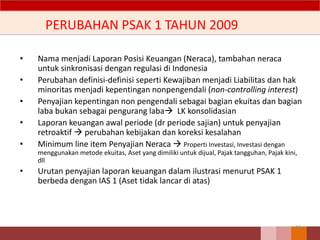 PERUBAHAN PSAK 1 TAHUN 2009
• Nama menjadi Laporan Posisi Keuangan (Neraca), tambahan neraca
untuk sinkronisasi dengan regulasi di Indonesia
• Perubahan definisi-definisi seperti Kewajiban menjadi Liabilitas dan hak
minoritas menjadi kepentingan nonpengendali (non-controlling interest)
• Penyajian kepentingan non pengendali sebagai bagian ekuitas dan bagian
laba bukan sebagai pengurang laba LK konsolidasian
• Laporan keuangan awal periode (dr periode sajian) untuk penyajian
retroaktif  perubahan kebijakan dan koreksi kesalahan
• Minimum line item Penyajian Neraca  Properti Investasi, Investasi dengan
menggunakan metode ekuitas, Aset yang dimiliki untuk dijual, Pajak tangguhan, Pajak kini,
dll
• Urutan penyajian laporan keuangan dalam ilustrasi menurut PSAK 1
berbeda dengan IAS 1 (Aset tidak lancar di atas)
43
 