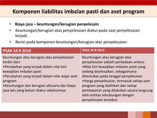 Komponen liabilitas imbalan pasti dan aset program
• Biaya jasa – keuntungan/kerugian penyelesain
• Keuntungan/kerugian atas penyelesaian diakui pada saat penyelesaian
terjadi.
• Revisi pada komponen keuntungan/kerugian atas penyelesaian:
68
PSAK 24 R 2010 PSAK 24 R 2013
Keuntungan atau kerugian atas penyelesaian
terdiri dari:
•Perubahan yang terjadi dalam nilai kini
kewajiban imbalan pasti
•Perubahan yang terjadi dalam nilai wajar aset
program
•Keuntungan dan kerugian aktuaria dan biaya
jasa lalu yang belum diakui sebelumnya
Keuntungan atau kerugian atas
penyelesaian adalah perbedaan antara:
•Nilai kini kewajiban imbalan pasti yang
sedang diselesaikan, sebagaimana
ditentukan pada tanggal penyelesaian
•Harga penyelesaian, termasuk setiap aset
program yang dialihkan dan setiap
pembayaran yang dilakukan secara langsung
oleh entitas sehubungan dengan
penyelesaian tersebut
 
