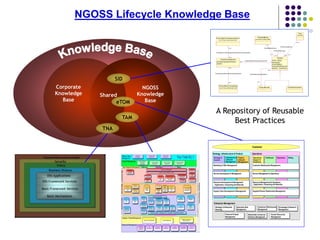 10
ProductComponent
ProductSpecCharacteristicValue
(f rom Product Specif ication ABE)
ProductSpecCharacteristic
(f rom Product Specif ication ABE)
ProductOffering
(from Product Offering ABE)
ProductBundle
ProductCharacteristic
productCharacteristicValue
validFor
0..1
0..n
0..1
0..n
ProdSpecCharValueInstantiatedAsProductCharacteristic
0..1
0..n
0..1
0..n
ProdSpecCharDescribesProdCharacteristic
Product
name : String
description
productStatus
productSerialNumber
validFor : TimePeriod
1
0..n
1
0..n
ProdOfferDescribes
0..1
0..n
0..1
0..n
ProductBundleComprisedOf
0..n 0..n0..n
ProductReferences
0..n
0..n 10..n 1ProdCharDefinesTheConfigurationOf
Place
(fromEntities)
0..n
0..n
0..n
0..n
ProductLocatedVia
Enterprise Management
Strategy, Infrastructure & Product Operations
Fulfillment Assurance BillingProduct
Lifecycle
Management
Infrastructure
Lifecycle
Management
Operations
Support &
Readiness
Customer Relationship Management
Service Management & Operations
Resource Management & Operations
Supplier/Partner Relationship Management
Strategy &
Commit
Marketing & Offer Management
Service Development & Management
Resource Development & Management
Supply Chain Development & Management
(Application, Computing and Network)(Application, Computing and Network)
Customer
Enterprise Effectiveness
Management
Knowledge & Research
Management
Enterprise Risk
Management
Strategic & Enterprise
Planning
Financial & Asset
Management
Stakeholder & External
Relations Management
Human Resources
Management
Corporate
Knowledge
Base
NGOSS
Knowledge
Base
Shared
SID
eTOM
TNA
NGOSS Lifecycle Knowledge Base
A Repository of Reusable
Best PracticesTAM
 