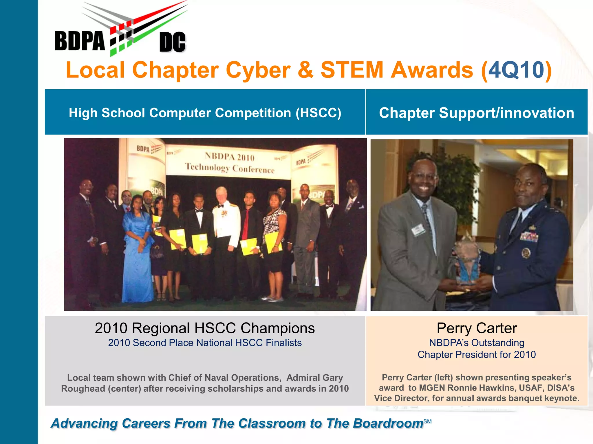 DC
  Local Chapter Cyber & STEM Awards (4Q10)
  High School Computer Competition (HSCC)                             Chapter Support/innovation




        2010 Regional HSCC Champions                                               Perry Carter
           2010 Second Place National HSCC Finalists                             NBDPA’s Outstanding
                                                                               Chapter President for 2010

  Local team shown with Chief of Naval Operations, Admiral Gary        Perry Carter (left) shown presenting speaker’s
 Roughead (center) after receiving scholarships and awards in 2010    award to MGEN Ronnie Hawkins, USAF, DISA’s
                                                                     Vice Director, for annual awards banquet keynote.


Advancing Careers From The Classroom to The BoardroomSM
 