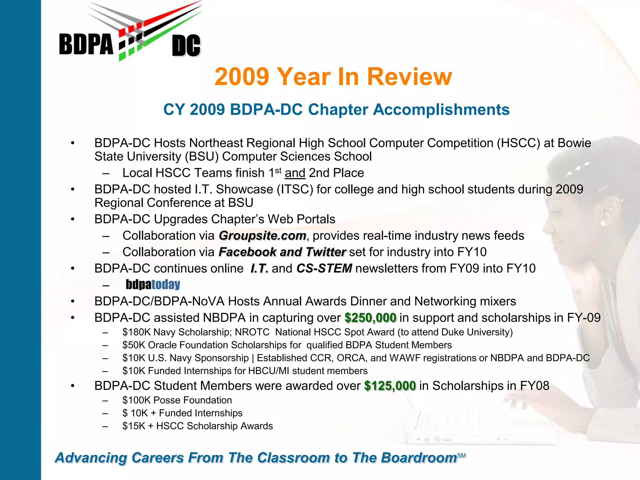 DC
                             2009 Year In Review
                   CY 2009 BDPA-DC Chapter Accomplishments

  •   BDPA-DC Hosts Northeast Regional High School Computer Competition (HSCC) at Bowie
      State University (BSU) Computer Sciences School
       – Local HSCC Teams finish 1st and 2nd Place
  •   BDPA-DC hosted I.T. Showcase (ITSC) for college and high school students during 2009
      Regional Conference at BSU
  •   BDPA-DC Upgrades Chapter’s Web Portals
       – Collaboration via Groupsite.com, provides real-time industry news feeds
       – Collaboration via Facebook and Twitter set for industry into FY10
  •   BDPA-DC continues online I.T. and CS-STEM newsletters from FY09 into FY10
       – bdpatoday
  •   BDPA-DC/BDPA-NoVA Hosts Annual Awards Dinner and Networking mixers
  •   BDPA-DC assisted NBDPA in capturing over $250,000 in support and scholarships in FY-09
       –   $180K Navy Scholarship; NROTC National HSCC Spot Award (to attend Duke University)
       –   $50K Oracle Foundation Scholarships for qualified BDPA Student Members
       –   $10K U.S. Navy Sponsorship | Established CCR, ORCA, and WAWF registrations or NBDPA and BDPA-DC
       –   $10K Funded Internships for HBCU/MI student members
  •   BDPA-DC Student Members were awarded over $125,000 in Scholarships in FY08
       –   $100K Posse Foundation
       –   $ 10K + Funded Internships
       –   $15K + HSCC Scholarship Awards


Advancing Careers From The Classroom to The BoardroomSM
 