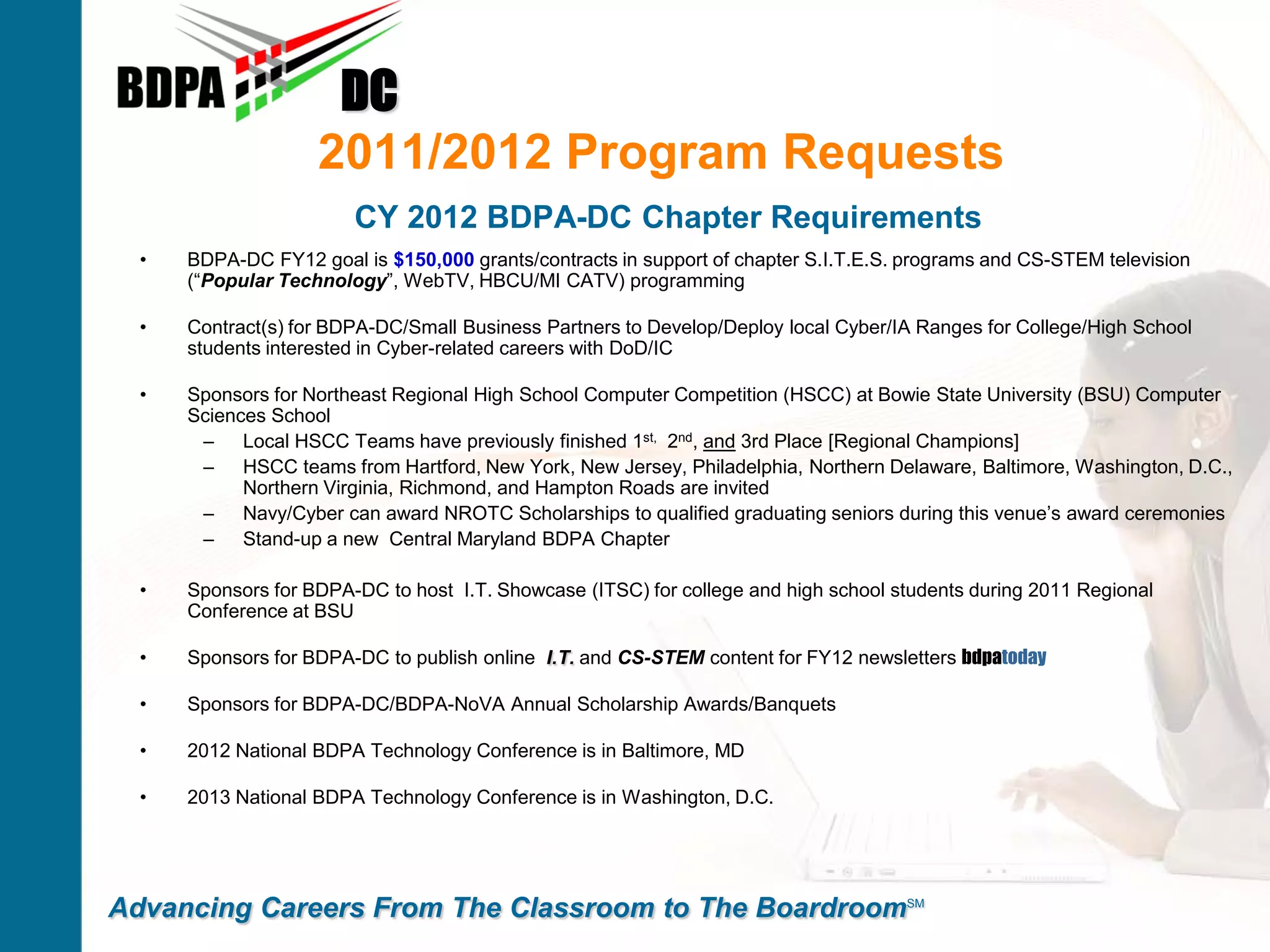 DC
                    2011/2012 Program Requests
                        CY 2012 BDPA-DC Chapter Requirements
  •   BDPA-DC FY12 goal is $150,000 grants/contracts in support of chapter S.I.T.E.S. programs and CS-STEM television
      (“Popular Technology”, WebTV, HBCU/MI CATV) programming

  •   Contract(s) for BDPA-DC/Small Business Partners to Develop/Deploy local Cyber/IA Ranges for College/High School
      students interested in Cyber-related careers with DoD/IC

  •   Sponsors for Northeast Regional High School Computer Competition (HSCC) at Bowie State University (BSU) Computer
      Sciences School
       – Local HSCC Teams have previously finished 1st, 2nd, and 3rd Place [Regional Champions]
       – HSCC teams from Hartford, New York, New Jersey, Philadelphia, Northern Delaware, Baltimore, Washington, D.C.,
            Northern Virginia, Richmond, and Hampton Roads are invited
       – Navy/Cyber can award NROTC Scholarships to qualified graduating seniors during this venue’s award ceremonies
       – Stand-up a new Central Maryland BDPA Chapter

  •   Sponsors for BDPA-DC to host I.T. Showcase (ITSC) for college and high school students during 2011 Regional
      Conference at BSU

  •   Sponsors for BDPA-DC to publish online I.T. and CS-STEM content for FY12 newsletters bdpatoday

  •   Sponsors for BDPA-DC/BDPA-NoVA Annual Scholarship Awards/Banquets

  •   2012 National BDPA Technology Conference is in Baltimore, MD

  •   2013 National BDPA Technology Conference is in Washington, D.C.




Advancing Careers From The Classroom to The BoardroomSM
 