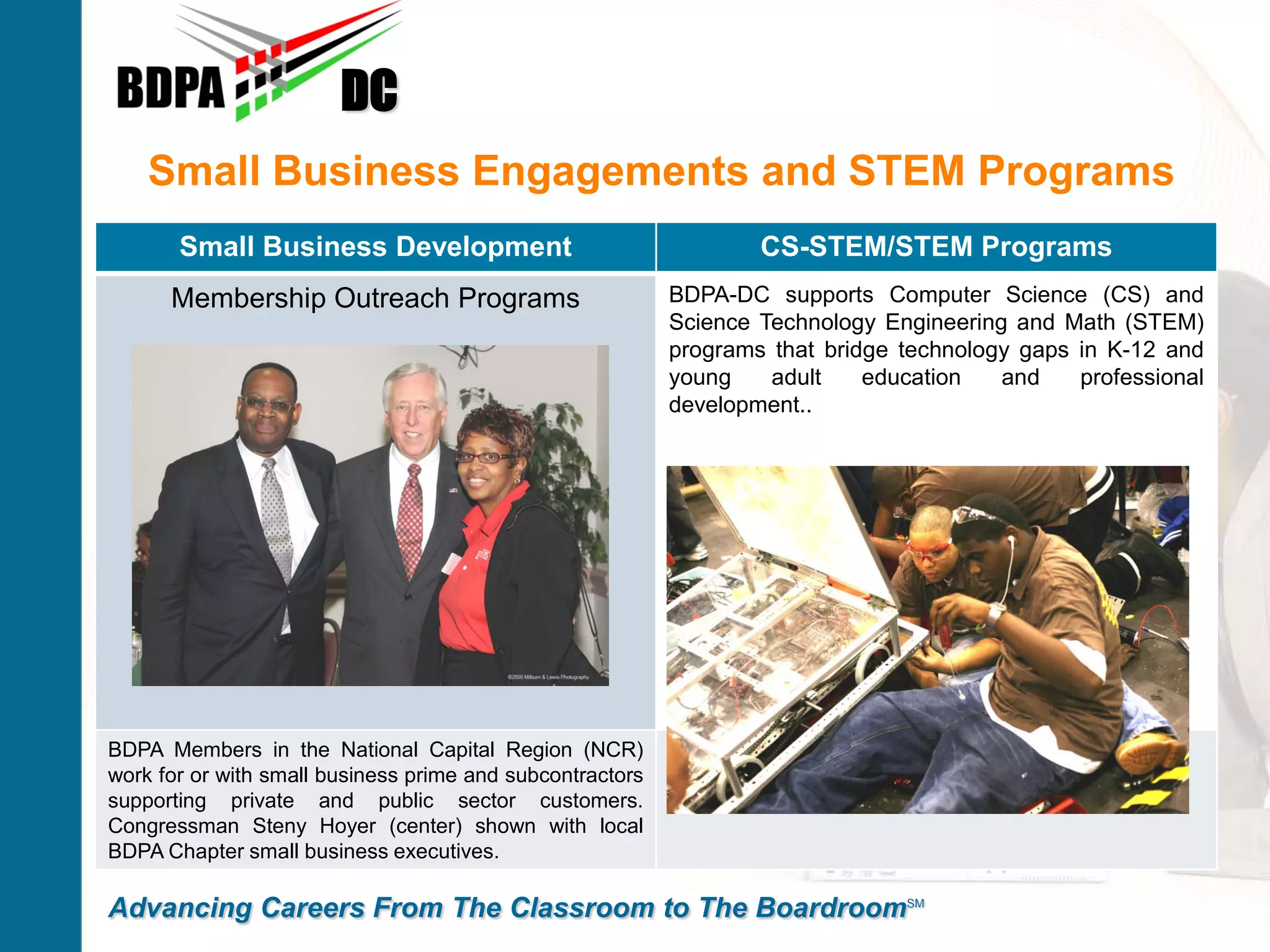 DC
    Small Business Engagements and STEM Programs
       Small Business Development                                  CS-STEM/STEM Programs
      Membership Outreach Programs                         BDPA-DC supports Computer Science (CS) and
                                                           Science Technology Engineering and Math (STEM)
                                                           programs that bridge technology gaps in K-12 and
                                                           young    adult    education   and    professional
                                                           development..




BDPA Members in the National Capital Region (NCR)
work for or with small business prime and subcontractors
supporting private and public sector customers.
Congressman Steny Hoyer (center) shown with local
BDPA Chapter small business executives.

Advancing Careers From The Classroom to The BoardroomSM
 