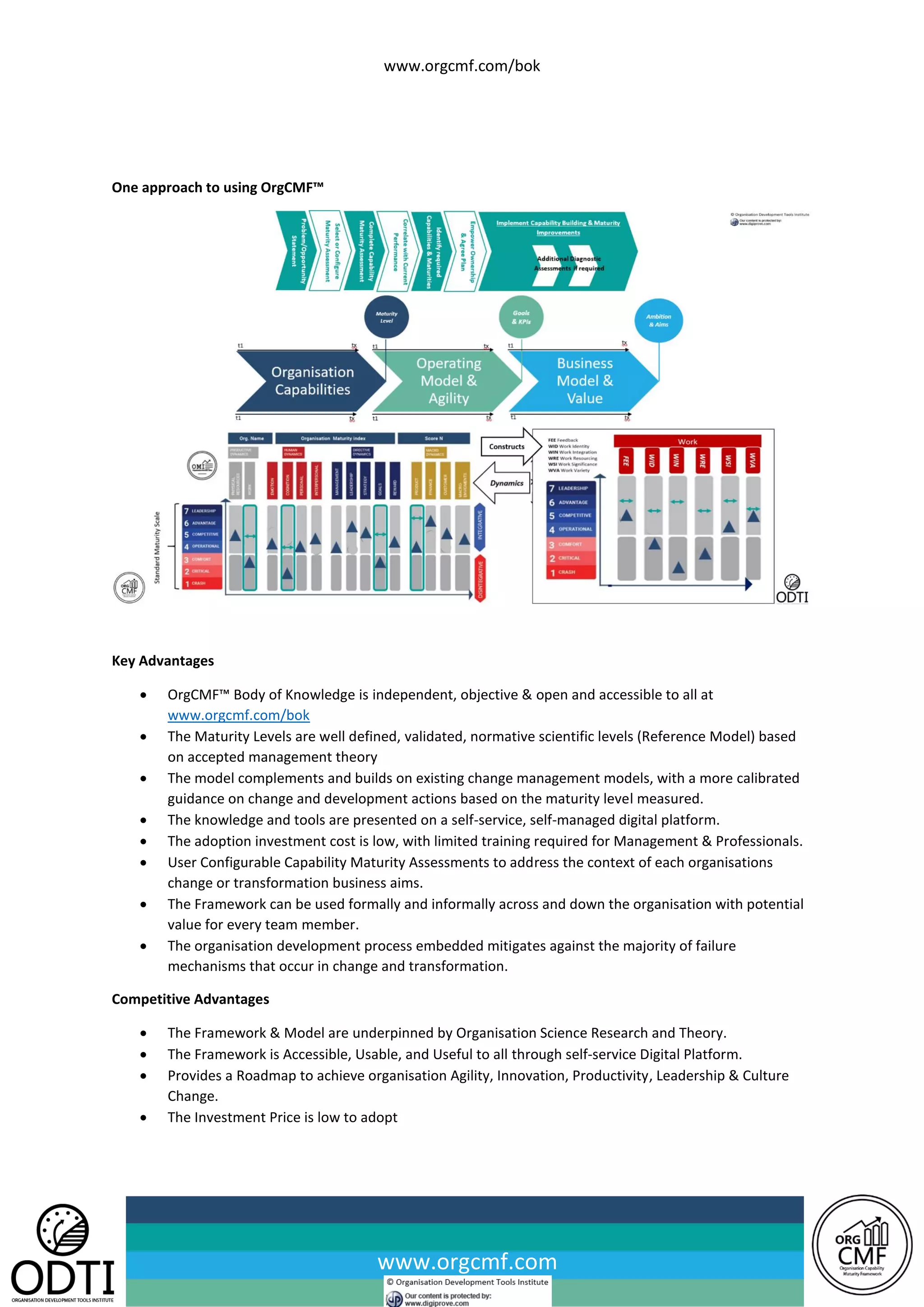 www.orgcmf.com/bok
www.orgcmf.com
One approach to using OrgCMF™
Key Advantages
• OrgCMF™ Body of Knowledge is independent, objective & open and accessible to all at
www.orgcmf.com/bok
• The Maturity Levels are well defined, validated, normative scientific levels (Reference Model) based
on accepted management theory
• The model complements and builds on existing change management models, with a more calibrated
guidance on change and development actions based on the maturity level measured.
• The knowledge and tools are presented on a self-service, self-managed digital platform.
• The adoption investment cost is low, with limited training required for Management & Professionals.
• User Configurable Capability Maturity Assessments to address the context of each organisations
change or transformation business aims.
• The Framework can be used formally and informally across and down the organisation with potential
value for every team member.
• The organisation development process embedded mitigates against the majority of failure
mechanisms that occur in change and transformation.
Competitive Advantages
• The Framework & Model are underpinned by Organisation Science Research and Theory.
• The Framework is Accessible, Usable, and Useful to all through self-service Digital Platform.
• Provides a Roadmap to achieve organisation Agility, Innovation, Productivity, Leadership & Culture
Change.
• The Investment Price is low to adopt
 