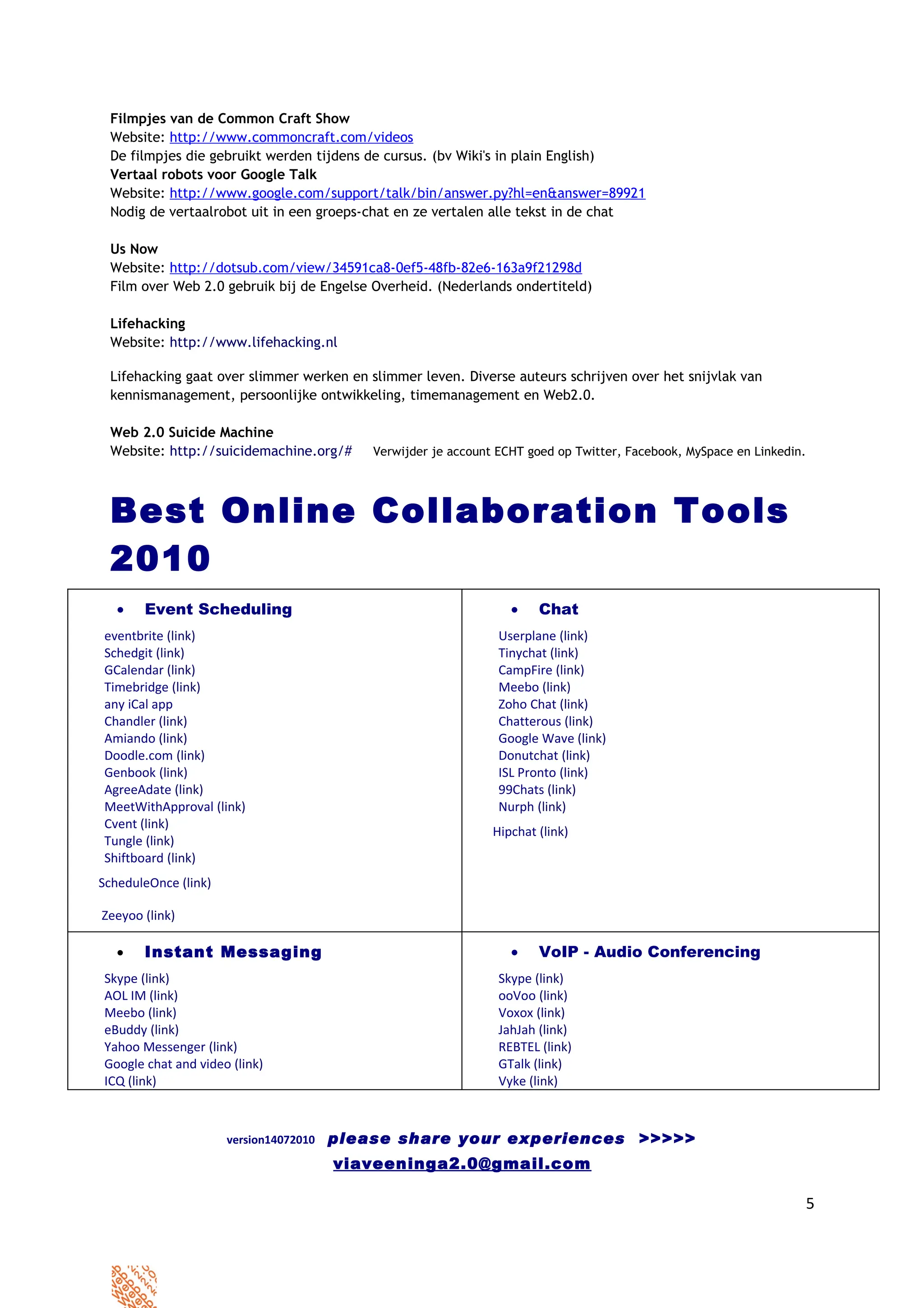 Filmpjes van de Common Craft Show
 Website: http://www.commoncraft.com/videos
 De filmpjes die gebruikt werden tijdens de cursus. (bv Wiki's in plain English)
 Vertaal robots voor Google Talk
 Website: http://www.google.com/support/talk/bin/answer.py?hl=en&answer=89921
 Nodig de vertaalrobot uit in een groeps-chat en ze vertalen alle tekst in de chat

 Us Now
 Website: http://dotsub.com/view/34591ca8-0ef5-48fb-82e6-163a9f21298d
 Film over Web 2.0 gebruik bij de Engelse Overheid. (Nederlands ondertiteld)

 Lifehacking
 Website: http://www.lifehacking.nl

 Lifehacking gaat over slimmer werken en slimmer leven. Diverse auteurs schrijven over het snijvlak van
 kennismanagement, persoonlijke ontwikkeling, timemanagement en Web2.0.

 Web 2.0 Suicide Machine
 Website: http://suicidemachine.org/#       Verwijder je account ECHT goed op Twitter, Facebook, MySpace en Linkedin.




 Best Online Collaboration Tools
 2010
   •   Event Scheduling                                            •    Chat
eventbrite (link)                                                Userplane (link)
Schedgit (link)                                                  Tinychat (link)
GCalendar (link)                                                 CampFire (link)
Timebridge (link)                                                Meebo (link)
any iCal app                                                     Zoho Chat (link)
Chandler (link)                                                  Chatterous (link)
Amiando (link)                                                   Google Wave (link)
Doodle.com (link)                                                Donutchat (link)
Genbook (link)                                                   ISL Pronto (link)
AgreeAdate (link)                                                99Chats (link)
MeetWithApproval (link)                                          Nurph (link)
Cvent (link)
                                                                Hipchat (link)
Tungle (link)
Shiftboard (link)
ScheduleOnce (link)

Zeeyoo (link)

   •   Instant Messaging                                           •    VoIP - Audio Conferencing
Skype (link)                                                     Skype (link)
AOL IM (link)                                                    ooVoo (link)
Meebo (link)                                                     Voxox (link)
eBuddy (link)                                                    JahJah (link)
Yahoo Messenger (link)                                           REBTEL (link)
Google chat and video (link)                                     GTalk (link)
ICQ (link)                                                       Vyke (link)



                      version14072010   please share your experiences >>>>>
                                        viaveeninga2.0@gmail.com

                                                                                                                        5
 