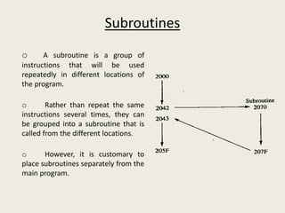 o A subroutine is a group of
instructions that will be used
repeatedly in different locations of
the program.
o Rather than repeat the same
instructions several times, they can
be grouped into a subroutine that is
called from the different locations.
o However, it is customary to
place subroutines separately from the
main program.
Subroutines
 